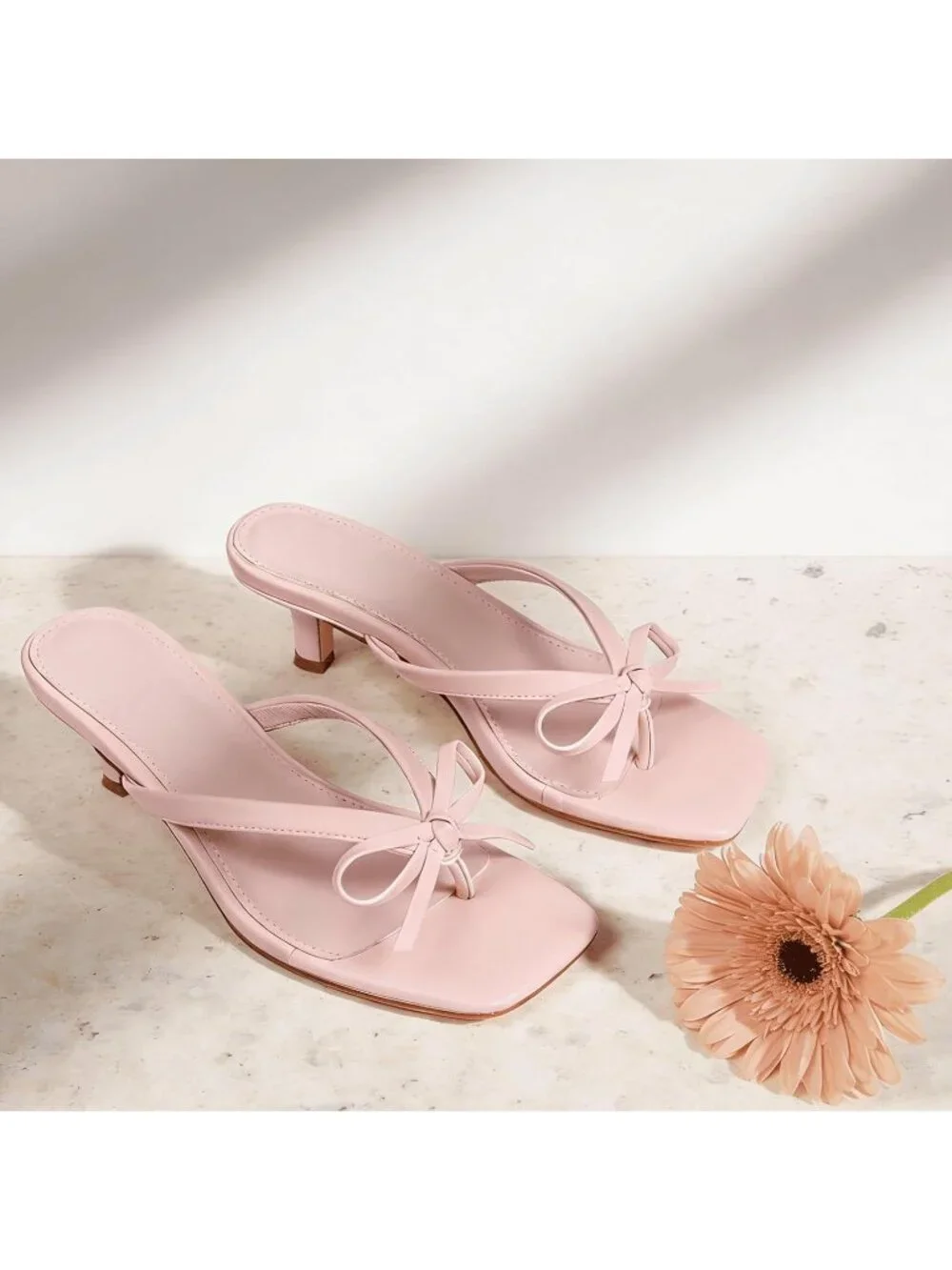 Women's Pink Summer Square Toe Cute Bow Thong Slip On Flip Flop Kitten Heel